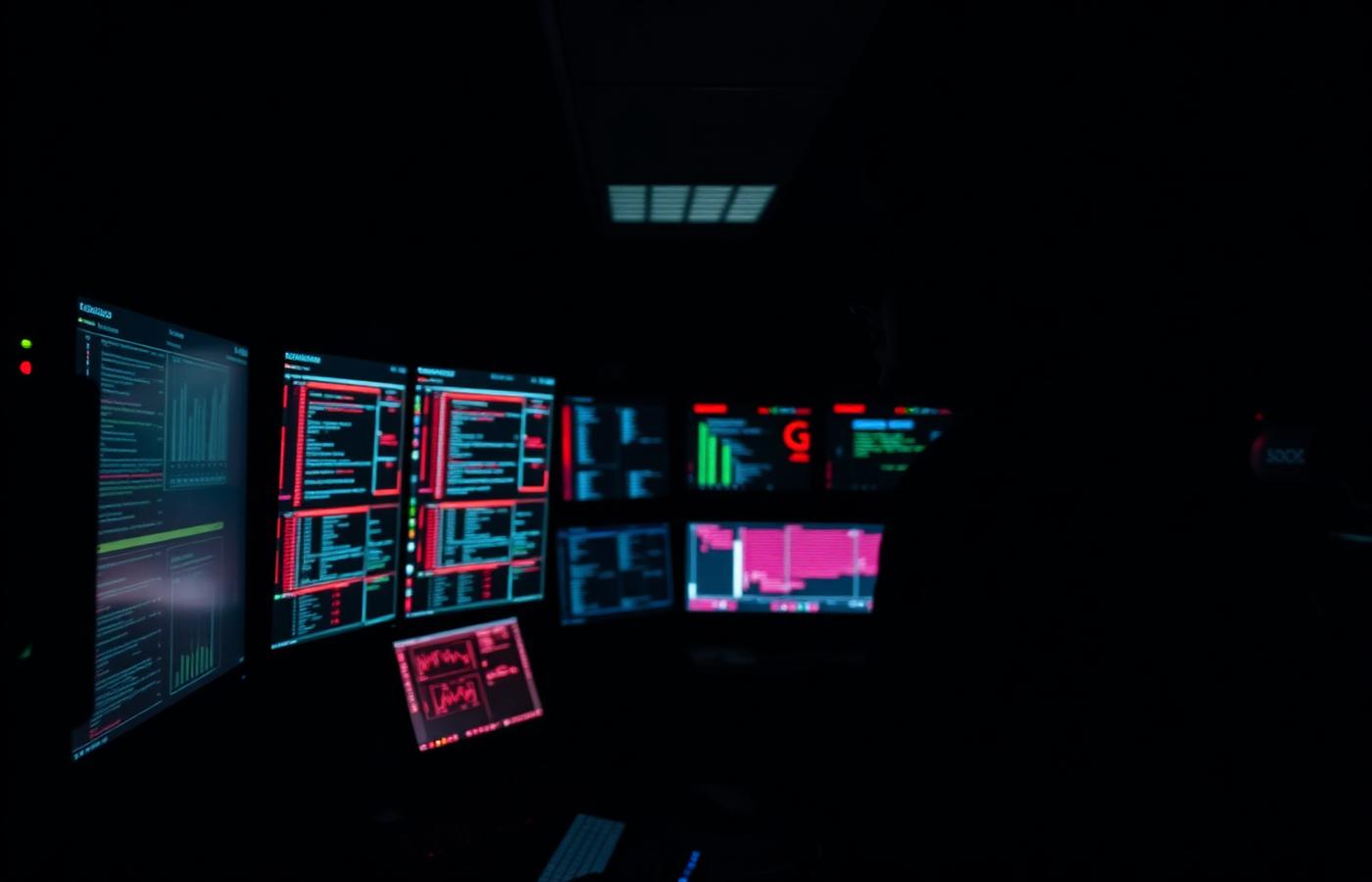 Security operations displays showing network monitoring dashboards in a dark room