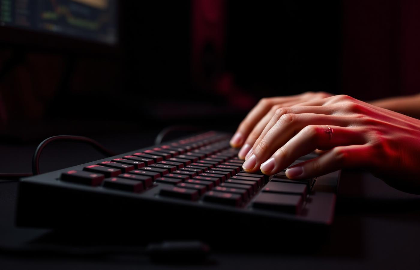 Close-up of an engineer typing on a mechanical keyboard lit by deep red light